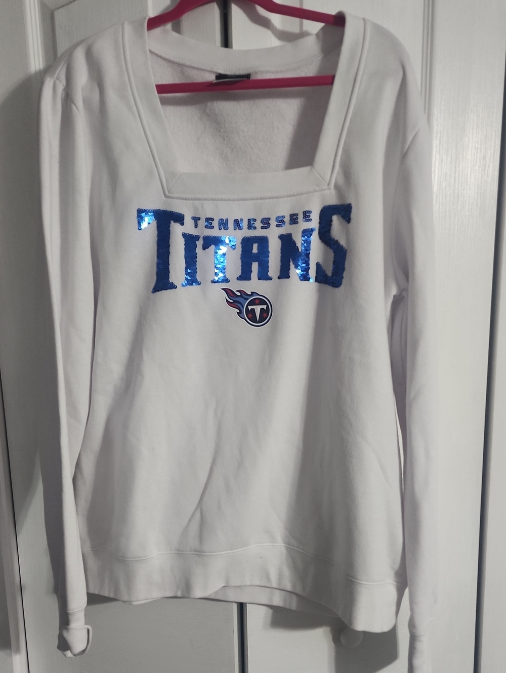 Titan White Women's Square-Neck Sequin Logo Sweatshirt
